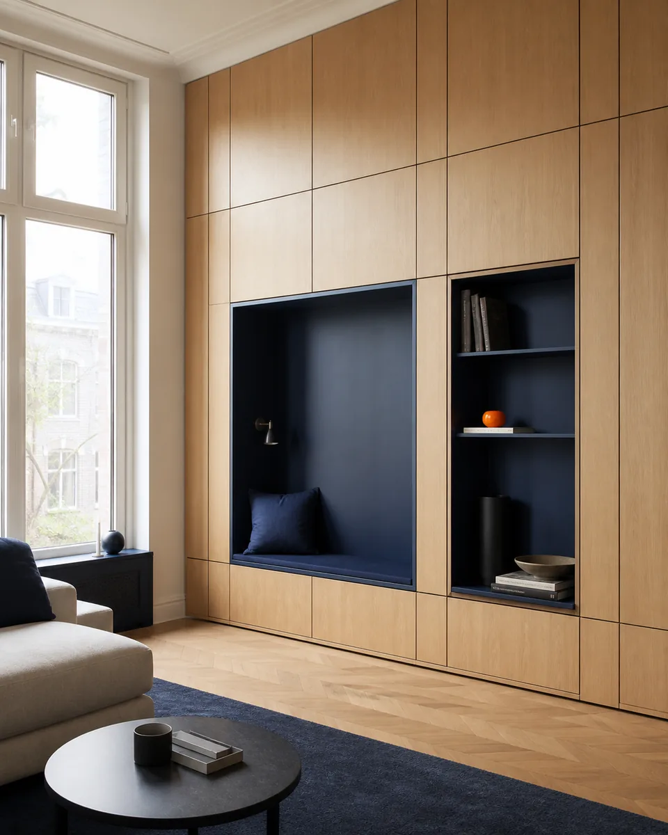 Synthetic concept visual of natural-oak fitted furniture, full-height storage and a navy reading niche