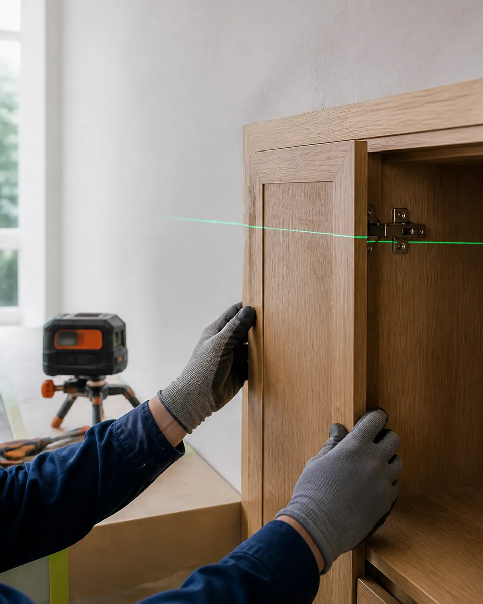 Synthetic concept visual of a gloved installer aligning a timber cabinet door with a laser level