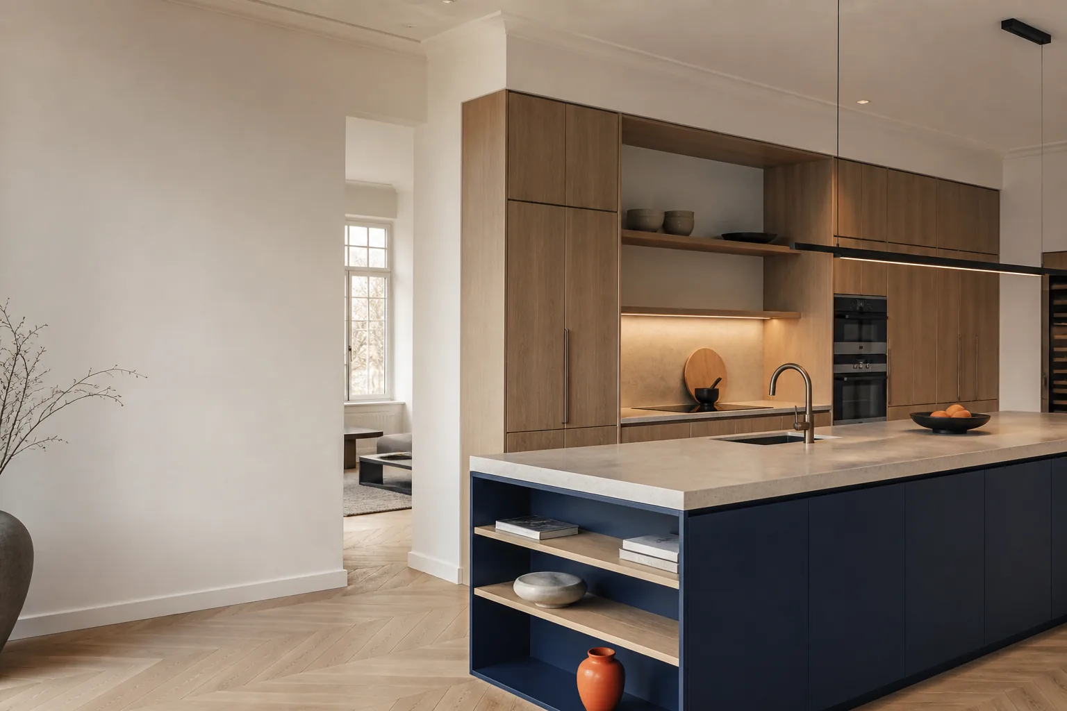 Synthetic concept visual of a bespoke kitchen with natural oak cabinetry, a navy island and a light stone worktop