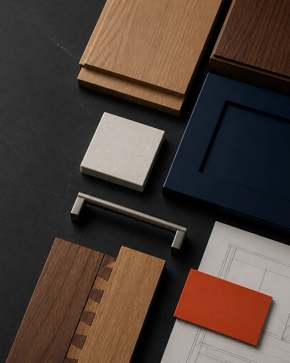 Synthetic concept visual of timber, navy finish, light stone, metal hardware and joinery samples