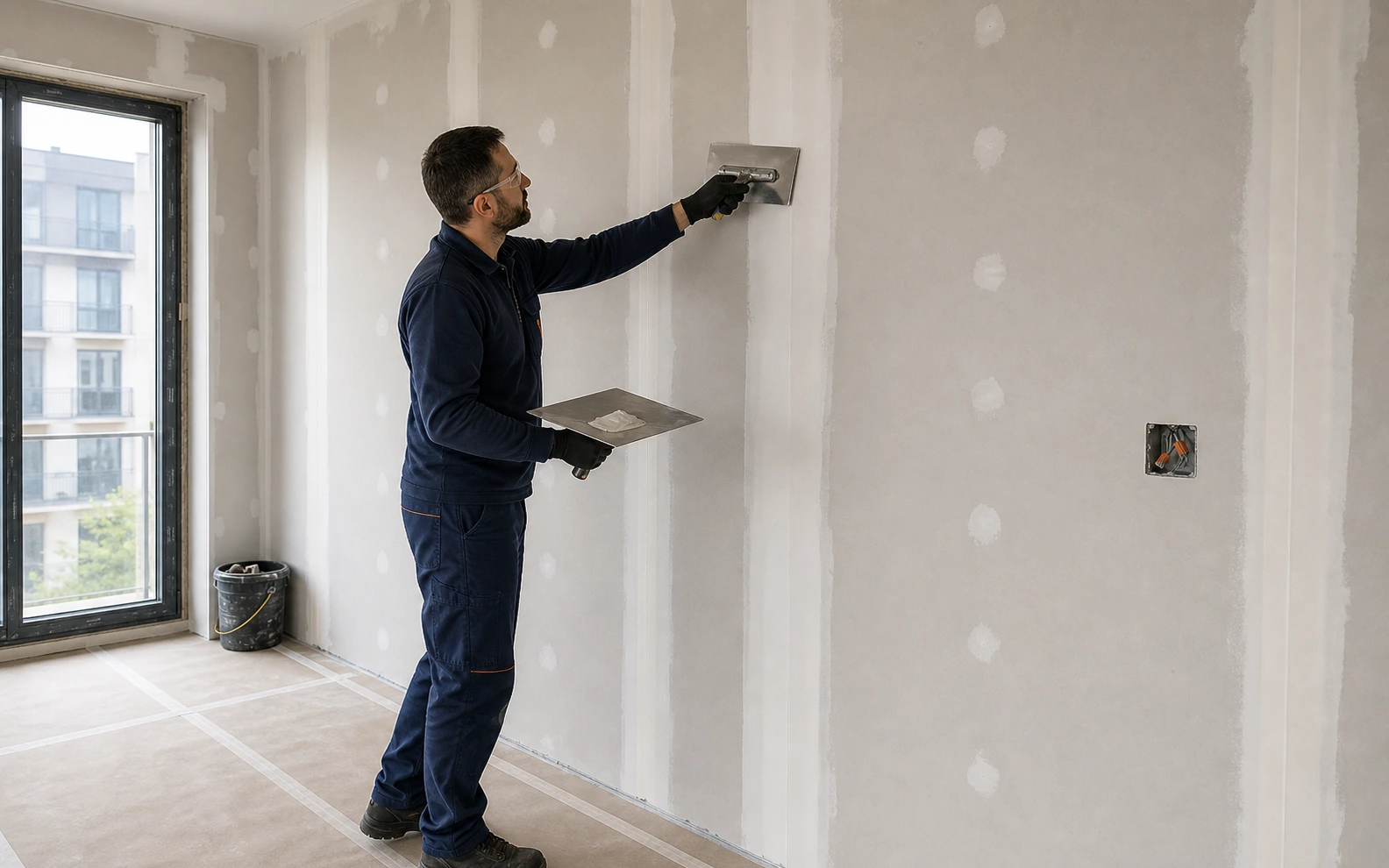 Installer preparing an interior wall surface in a controlled work area