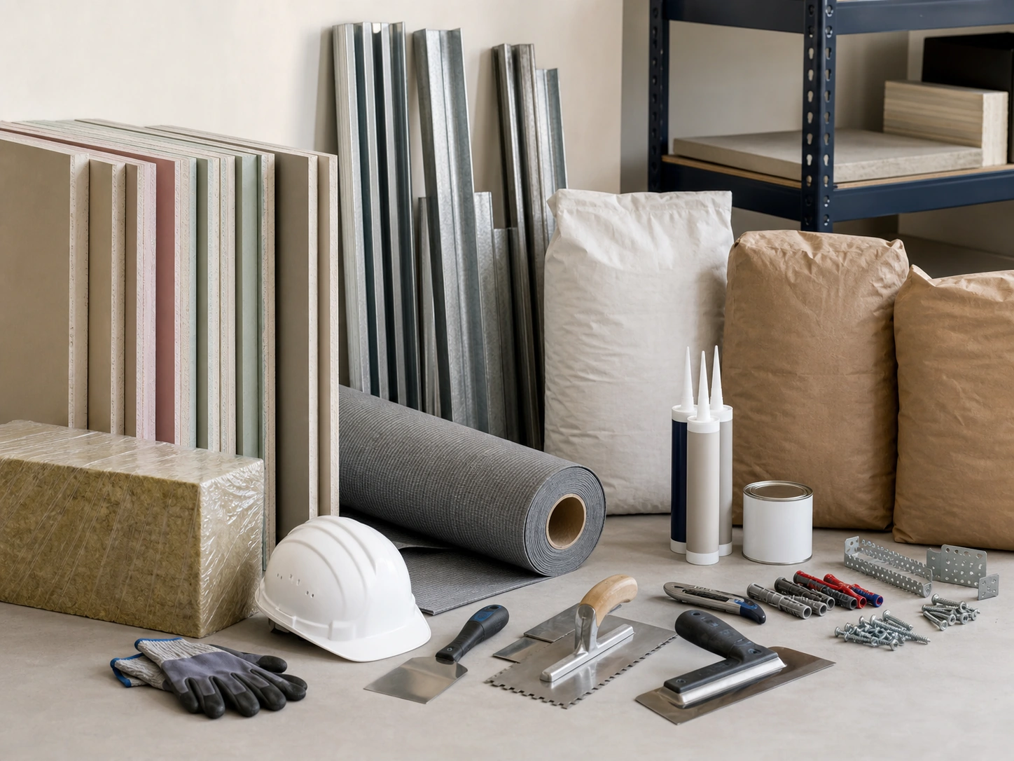 Drywall, profiles, insulation, membranes, dry mix, hand tools and PPE