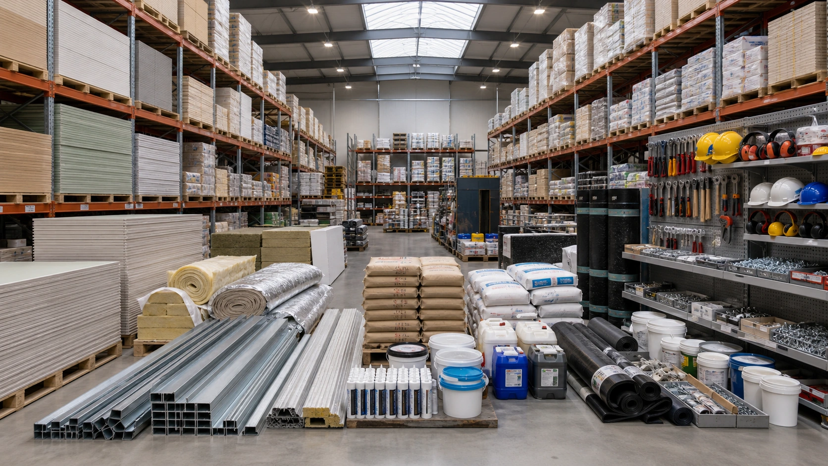 Professional supply warehouse arranged with a broad range of construction-material categories