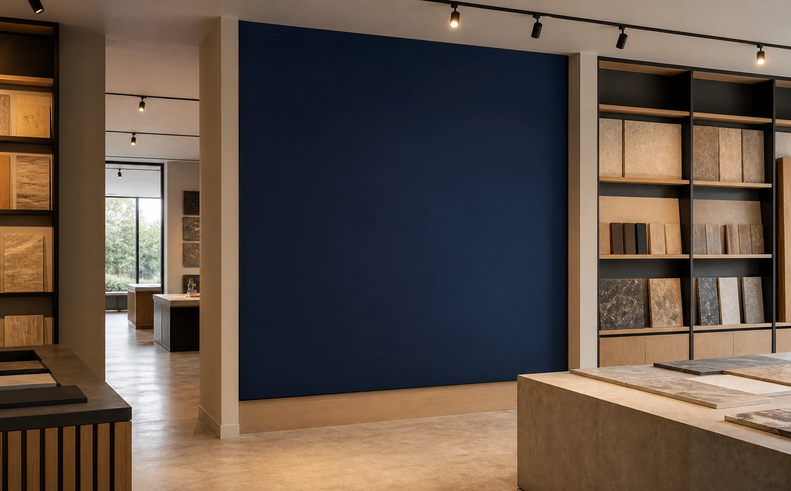 Synthetic concept visual of MFABER showroom signage and materials presentation